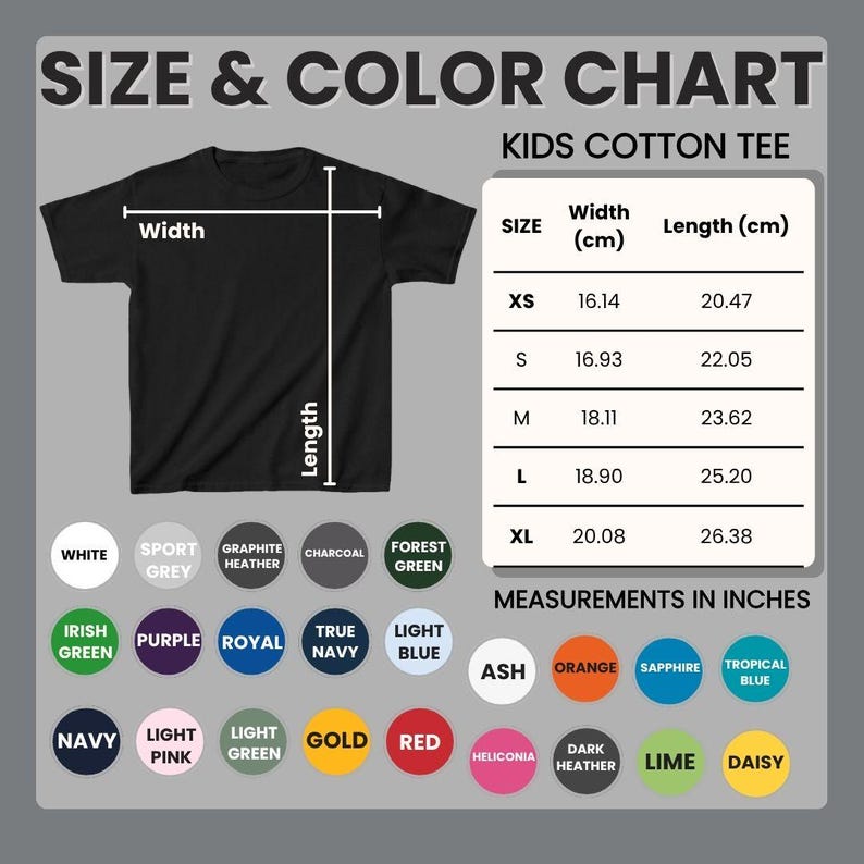 May include: A black kids cotton tee shirt with a size and color chart. The chart shows measurements in centimeters and inches, with color options including white, red, and navy.