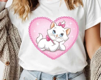 Weißes Katzen-Herz-Grafik-T-Shirt, Marie inspiriertes Kätzchen-T-Stück