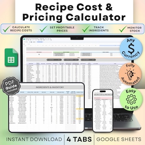 Calculadora de costos y precios de recetas Hoja de cálculo de costos de alimentos para panadería en Google Sheets Inventario de ingredientes para negocios de panadería casera Rastreador de margen de beneficio