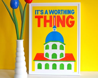 It's A Worthing Thing A3 Risograph Print, Worthing Print, Riso Print, West Sussex Art, Worthing Poster, Worthing Art Print, Dome Cinema