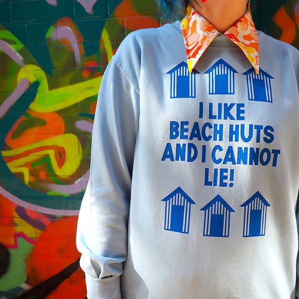 Funny Unisex Sweater, Beach Huts Jumper, I Like Beach Huts and I Cannot Lie, Blue Graphic Sweatshirt, Funny Quote Sweater, Beach Jumper
