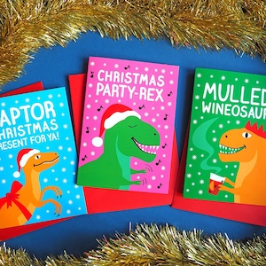 Dinosaur Christmas Cards, Funny Holiday Card Set, Raptor Christmas Cards, Alternative Xmas Cards, Christmas Dinosaur Card, Mulled Wine Card image 1