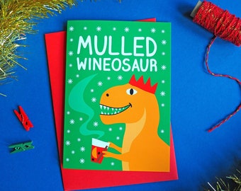 Dinosaur Christmas Card, Mulled Wineosaur Dinosaur Card, Mulled Wine Holiday Card, Funny Dinosaur Pun Cards, Dino Xmas Card, Weird Christmas