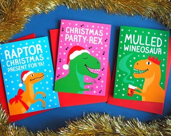 Dinosaur Christmas Cards, Funny Holiday Card Set, Raptor Christmas Cards, Alternative Xmas Cards, Christmas Dinosaur Card, Mulled Wine Card