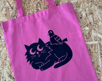 Cat and Pigeon Friends Tote Bag - Bright Pink