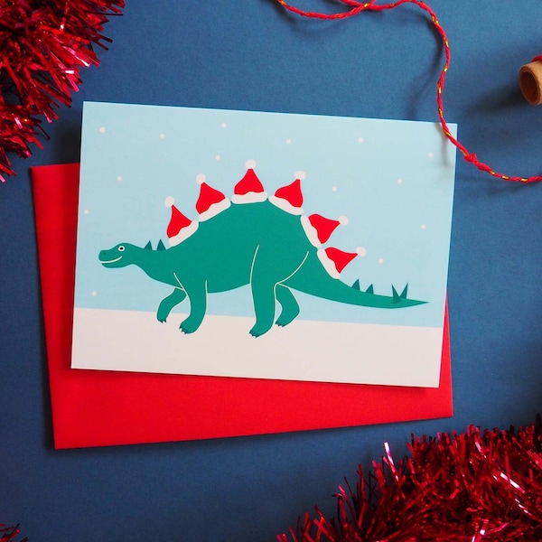 Dinosaur Christmas Hat Card, Dinosaur Christmas card, Xmas card, Funny Christmas card, Red Santa Hat card, Green Dinosaur card, Snow card