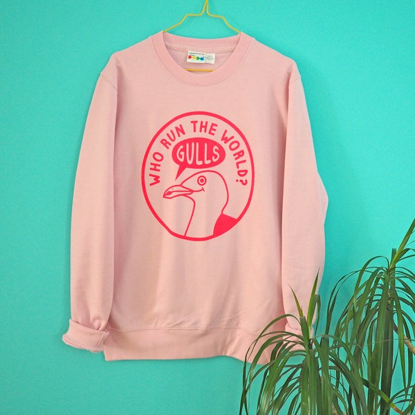 Pink Feminist Sweatshirt - Pale Pink Seagull Design Handprinted in the UK