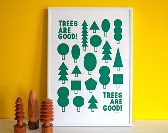 Trees Are Good Screenprint, Minimal Tree Print, Nature Forest Print, Dance Music Poster, Midcentury Modern Art, Handprinted Green Tree Print