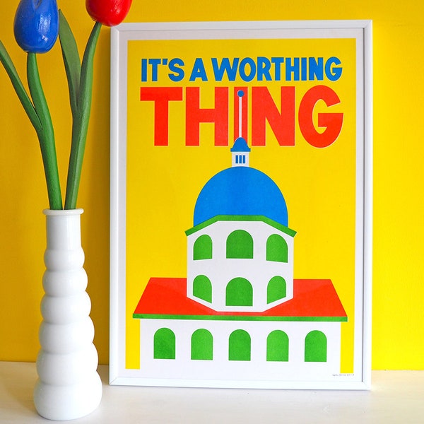 It's A Worthing Thing A3 Risograph Print, Worthing Print, Riso Print, West Sussex Art, Worthing Poster, Worthing Art Print, Dome Cinema