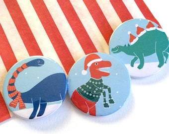 Christmas Dinosaur Badges, Three Christmas Buttons, Stocking Filler, Dino Stocking Stuffer, Kids Christmas Gift, Cute Festive Pin Badge TRex