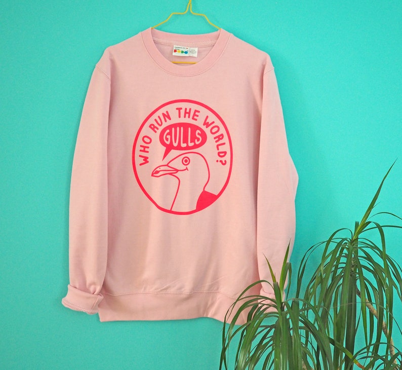Pink Feminist Sweatshirt Pale Pink Seagull Design Handprinted in the UK image 1