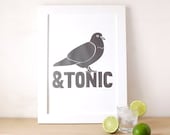 Duif en Tonic zeefdruk, Poster Gin, Gin en Tonic keuken kunst, Alcohol Print, grappige scherm afdrukken Poster, Pigeon afdrukken, Hallo DODO