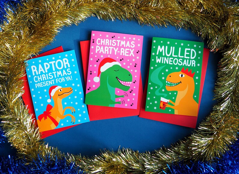 Dinosaur Christmas Cards, Funny Holiday Card Set, Raptor Christmas Cards, Alternative Xmas Cards, Christmas Dinosaur Card, Mulled Wine Card image 5