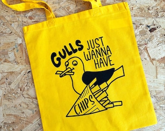 Funny Seagull & Chips Tote Bag, Retro Seaside Design