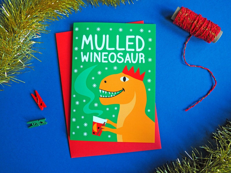 Dinosaur Christmas Cards, Funny Holiday Card Set, Raptor Christmas Cards, Alternative Xmas Cards, Christmas Dinosaur Card, Mulled Wine Card image 4