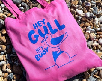 Hey Gull Hey Buoy Tote Bag, Retro Seaside Design
