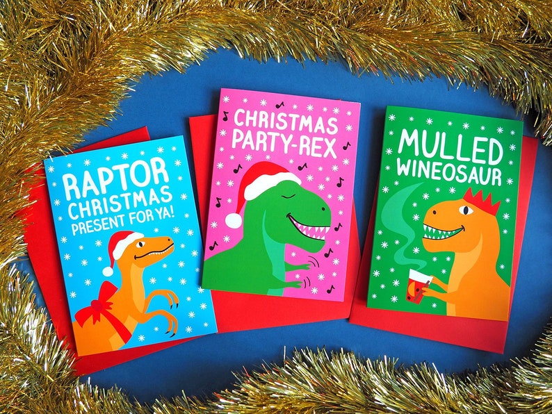 Dinosaur Christmas Cards, Funny Holiday Card Set, Raptor Christmas Cards, Alternative Xmas Cards, Christmas Dinosaur Card, Mulled Wine Card image 1