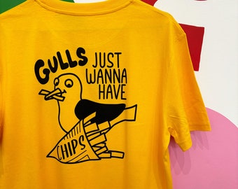 Gulls Just Wanna Have CHIPS - Double Sided Yellow T-shirt - Handprinted Eco Organic Cotton T-shirt