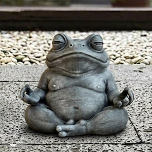 May include: A dark gray, textured frog figurine in a seated meditation pose. The frog has closed eyes, a rounded belly, and its front limbs are positioned with fingers touching in a mudra gesture, reflecting a calm and still posture.