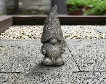 Cute Floral Hat Garden Gnome Statue Rustic Cement Dwarf Outdoor Decor Whimsical Yard Ornament Fairy Garden Figurine Concrete Gift Figure