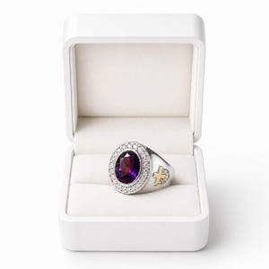 Vintage 12 karat ovalslipad ametist herrring, korsring, viktorianska smycken, 925 sterlingsilver, biskopsring