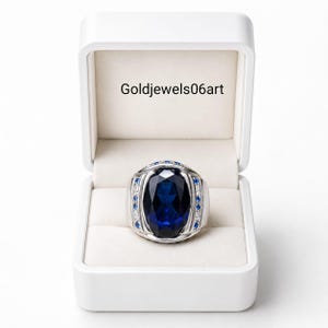 Vintage 25 karat ovalslipad blå safir herrring, biskopsring, 925 sterlingsilver, herrring, stor ring