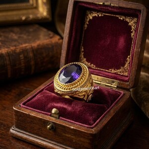 May include: A gold ring featuring a large, oval-cut deep purple gemstone set within a textured, rope-style border and intricate side engravings. The ring is displayed inside a dark wooden box lined with deep red velvet, with the text Goldjewels06art.