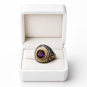 Art Deco Antik 15 karat Rundslipad Ametist Herrring, Biskopsring, Vintagesmycken, 925 Sterling Silver, Herrring