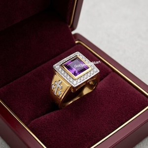 Antik 10 karat prinsesslipad ametist herrring, biskopsring, 925 sterlingsilver, herrkorsring