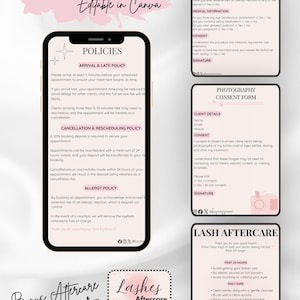 May include: Digital lash tech forms, including client consultation, photography consent, and aftercare guides, all editable in Canva. The set also features policies, aftercare advice, and a loyalty card for clients.