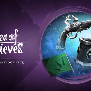 Puede incluir: Un gráfico del Sea of Thieves Ebon Flintlock Pack que muestra una pistola de chispa negra y plateada, una jarra gris oscuro con detalles de diamantes verdes y una bandera verde con un emblema negro, sobre un fondo morado con texto.