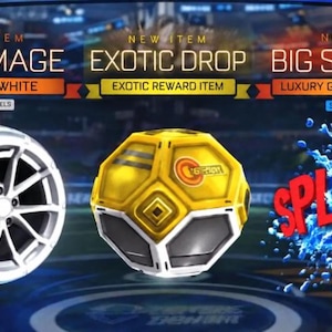 May include: A digital display showing three items: a titanium white Aero Mage wheel, a yellow Exotic Drop reward item, and a sky blue Big Splash goal explosion. Each item is labelled with its name, rarity, and category in a game interface.