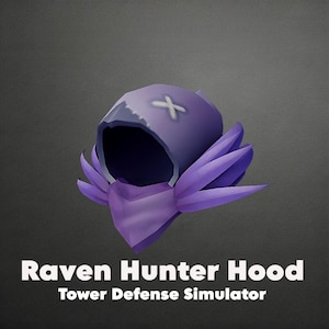 Può includere: Un cappuccio viola con un simbolo X bianco sulla parte superiore e accenti stilizzati a forma di piuma sui lati. Il testo Raven Hunter Hood Tower Defense Simulator è visualizzato sotto il cappuccio, che presenta un interno scuro e una parte anteriore a punta.