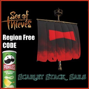 以下が含まれることがあります： Sea of Thievesのロゴ、Region Free CODEというテキスト、SCARLET STACK SAILSというテキストが配置されたデジタル画像。緑色のプリングルズ サワークリーム＆オニオンの缶と、赤い蝶ネクタイのグラフィックが描かれた黒い帆を持つ船のマストが表示されています。