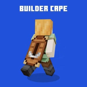 Può includere: Un personaggio di Minecraft che indossa un mantello marrone con una striscia verticale centrale marrone scuro e un accento bianco curvo. Il testo BUILDER CAPE è visualizzato in lettere bianche sopra il personaggio su uno sfondo blu.