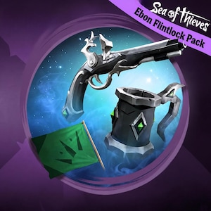 May include: The Sea of Thieves Ebon Flintlock Pack includes a black and silver flintlock pistol with ornate metal detailing, a black tankard featuring green diamond accents, and a green flag with a dark green crown-like symbol printed on it.