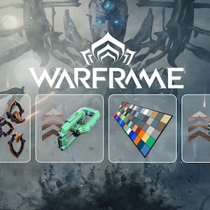May include: A digital graphic for Warframe featuring four distinct icons. The first shows a dark purple and bronze mechanical component, the second a light green link, the third a multi-colored grid palette, and the fourth two silver turbine-like parts.