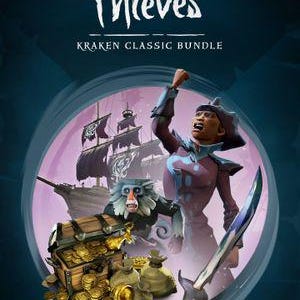 Peut inclure: Un graphique Sea of Thieves Kraken Classic Bundle montrant un pirate avec une épée, un singe, un coffre au trésor rempli de pièces d'or et un voilier en arrière-plan, le tout dans un cadre circulaire sur un fond sombre.