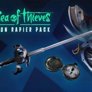 May include: A Sea of Thieves Ebon Rapier Pack graphic featuring a silver rapier with a dark hilt, a circular pocket watch with a green needle, and a shield with a skull emblem. The text Sea of Thieves Ebon Rapier Pack is displayed in teal.
