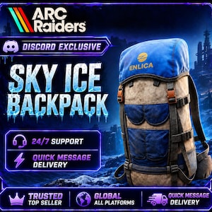 May include: A blue and beige backpack with the text ENLICA on the top flap. The image features the text ARC RAIDERS, DISCORD EXCLUSIVE, and SKY ICE BACKPACK. Additional text includes 24/7 SUPPORT, QUICK MESSAGE DELIVERY, TRUSTED TOP SELLER, and GLOBAL ALL PLATFORMS.