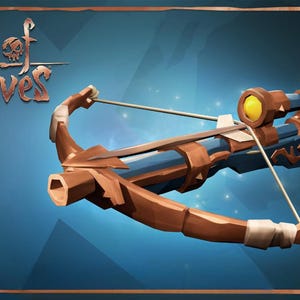 May include: A brown and blue crossbow with a yellow circular sight and a string, featuring the Sea of Thieves logo in the upper left corner. The weapon has a wooden-textured frame, a dark blue barrel, and a white buttstock against a blue background.