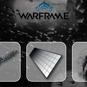 Puede incluir: Un gráfico de Warframe con el texto WARFRAME en la parte superior. Debajo hay tres paneles: el izquierdo muestra un arma metálica, el central una cuadrícula rectangular de cuadrados blancos y el derecho una figura oscura y humanoide de espaldas.