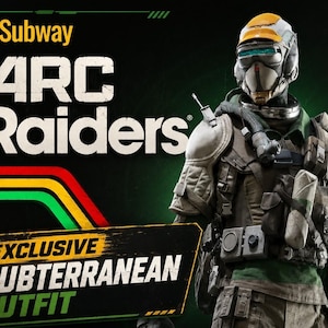 Puede incluir: Un personaje con un atuendo táctico y un casco con una parte superior amarilla y una visera. El texto dice x Subway ARC Raiders y EXCLUSIVE SUBTERRANEAN OUTFIT. El fondo incluye líneas verdes, amarillas y rojas sobre una superficie oscura.