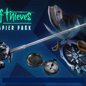以下が含まれることがあります： Sea of Thieves Ebon Rapier Packには、暗く装飾された柄を持つ長く細い銀色のレイピア、金属仕上げの円形懐中時計、中央にドクロと星のデザインが施された大きな円形の盾のエンブレムが含まれています。