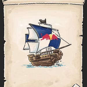 Può includere: Un'illustrazione disegnata a mano su carta pergamena invecchiata che raffigura un veliero in legno con vele bianche e blu. La vela principale presenta un logo con un toro rosso e un cerchio solare giallo. La nave è marrone con contorni scuri.