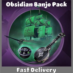 Puede incluir: El Obsidian Banjo Pack incluye un banjo negro y plateado con detalles verdes, una brújula circular negra con detalles verdes y un barco de vela verde fantasmal con varios mástiles y velas, todo sobre un fondo de color púrpura oscuro.