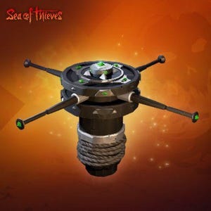 Może przedstawiać: Mechaniczne urządzenie marki Sea of Thieves z ciemną, owiniętą liną cylindryczną podstawą, zwieńczone okrągłą platformą i czterema wysuwanymi metalowymi ramionami, ozdobione małymi świecącymi zielonymi klejnotami oraz srebrnymi elementami metalowymi.