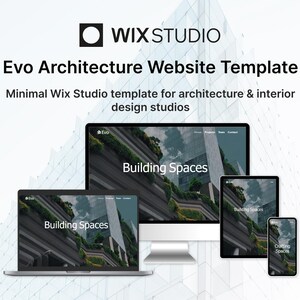 May include: A digital mockup showcasing the Evo Architecture Website Template by Wix Studio. The image displays a laptop, desktop monitor, tablet, and smartphone, each displaying a website interface with the text "Building Spaces" and "Crafting Spaces". The Wix Studio logo is visible.