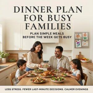 May include: A family is gathered around a wooden table in a well-lit kitchen, enjoying a meal. The table is set with plates of food, including a roasted chicken and salads. The text "DINNER PLAN FOR BUSY FAMILIES" is displayed at the top.