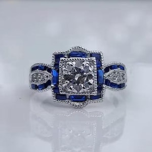 Art Deco Blue Sapphire Engagement Ring, [14k/18k] White Gold Vintage Inspired Target Ring, Milgrain Edwardian Bridal Ring
